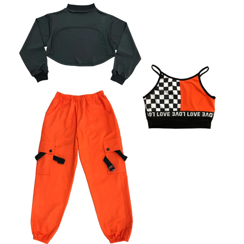 Modern Cheerleader Stage Performance Wear Hip Hop Dance Costumes For Kids Street Dance Clothes Orange Kpop Outfits Girls