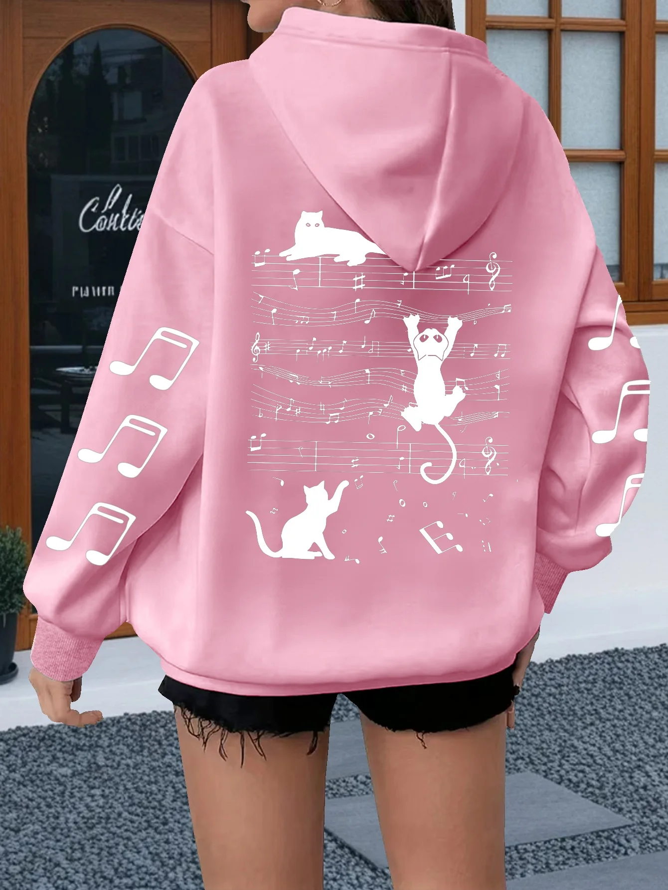 Women Loose Hooded Sweatshirt Black Cat Music Note Sheet Graphic Print Long Sleeve Casual Daily Street Pullover Tops