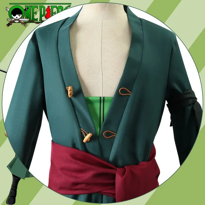 Anime One Piece Roronoa Zoro Cosplay Costume Wig Earrings Green Coat Belt Pants Kimono Halloween Men Clothes Carnival Party Suit