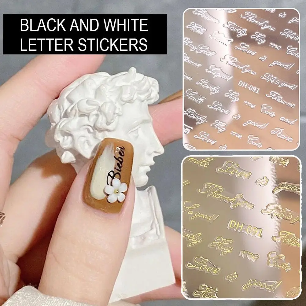 English Words Nail Art Stickers, 3D English Alphabet Nail Decals for DIY Metallic Gold Silver Acrylic Manicure Nail Decorations
