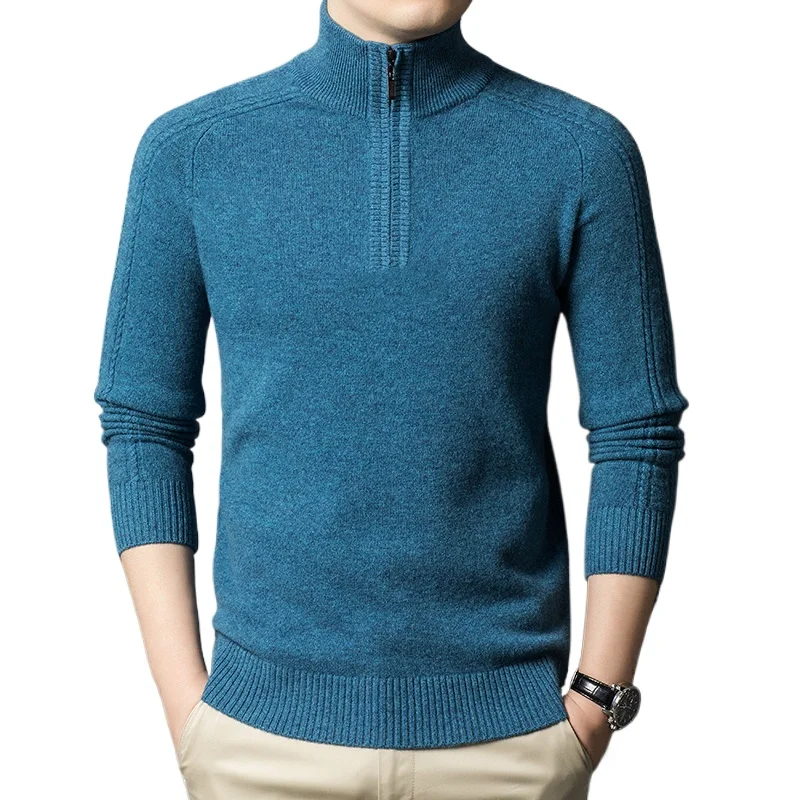 Men Autumn Winter Pure Wool Vintage Business Casual Thicken Bottom Zipper Pullovers Knitted Sweater Man Christmas Sweater