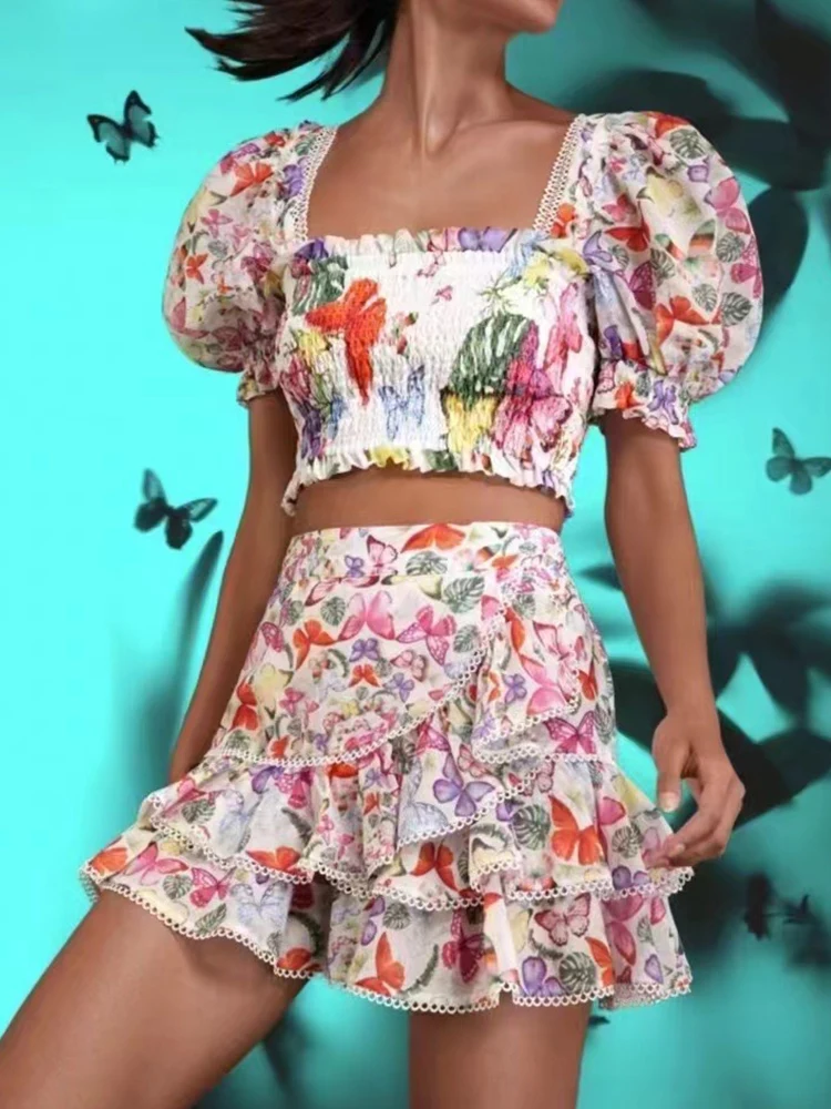 Fashion Holiday Style 2024 Summer Sexy Printed Square Collar Short-sleeved Shirt+High Waist flounced skirt Two-piece suit