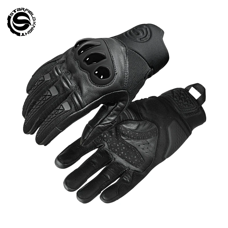 

SFK New Black Motorcyle Gloves Real Goat Leather Full Finger Riding Gloves Summer Mesh Breathable Anti Collision Wear-resistant