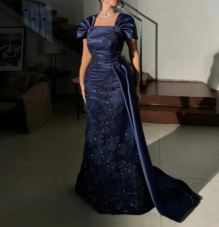 

Customized Short Sleeve Sequin Applique Square Collar Prom Dresses for Luxury Party Elegant Womens Dresses Evening فساتين سهرة