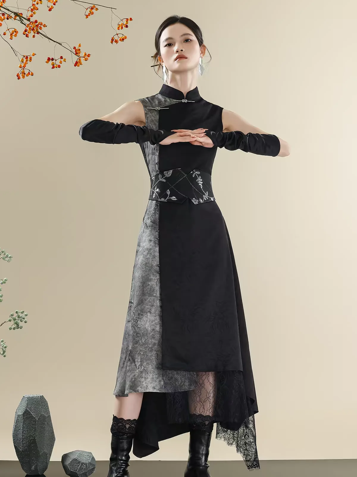 New Chinese Style Dark Grey Wasteland Front Fork Cheongsam Skirt Hottie Serpentine Dress Fiesta Carnival Halloween Cos Cosplay view 5