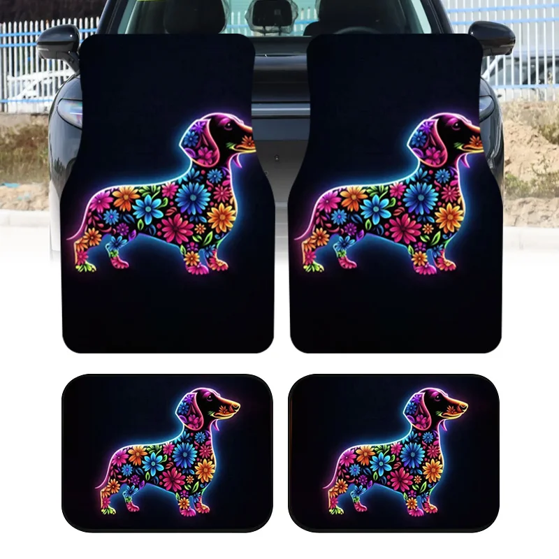 2pcs/4pcs Neon Dachshund Car Floor Mats Suitable For Sedans & SUVs, Fit Non-Slip Dachshund-Themed Floor Liners, Durable Auto Int