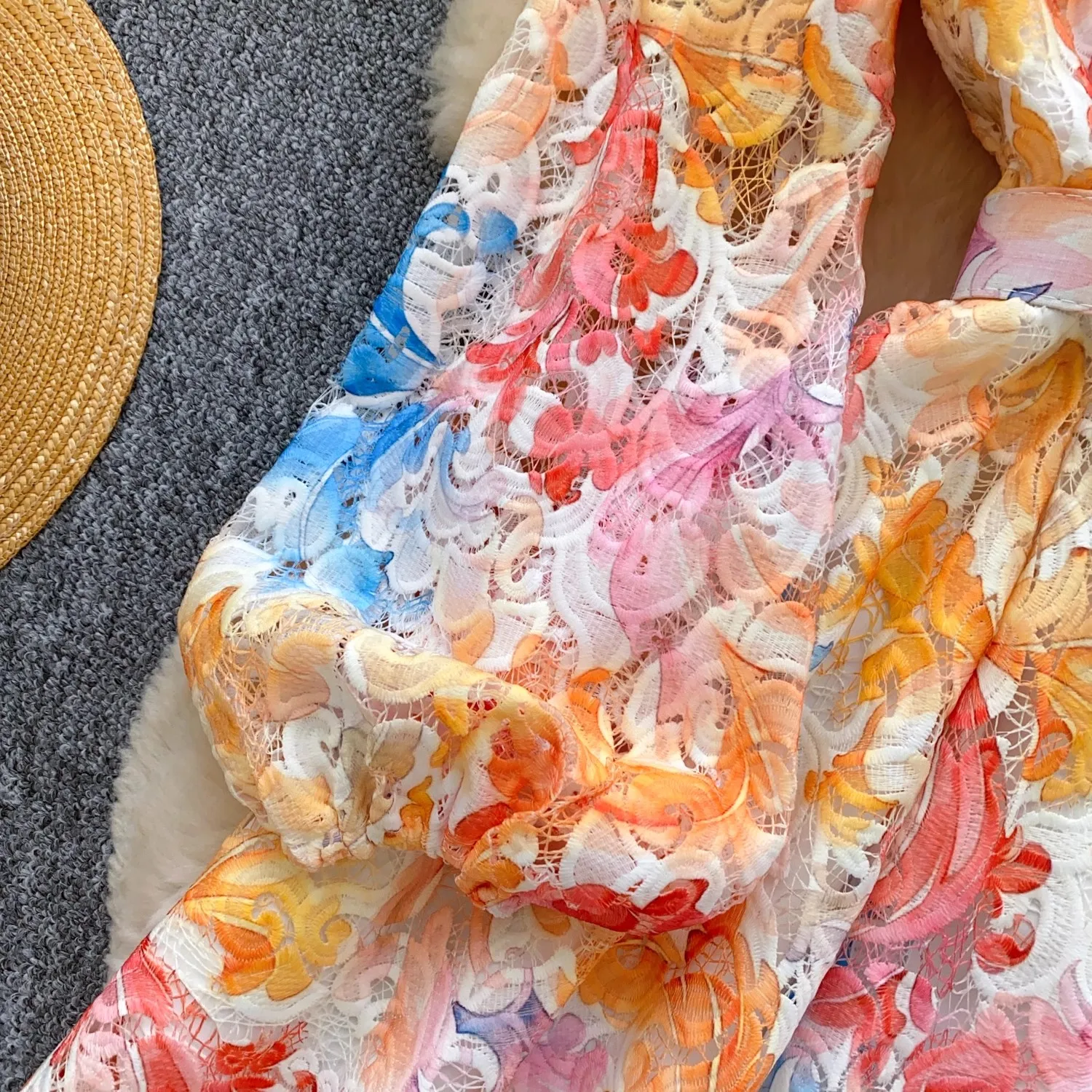 Summer Elegant Water Soluble Lace Embroidery Flower Dress Women Long Sleeve Hollow Out Single Breasted Belt Mini Party Vestidos