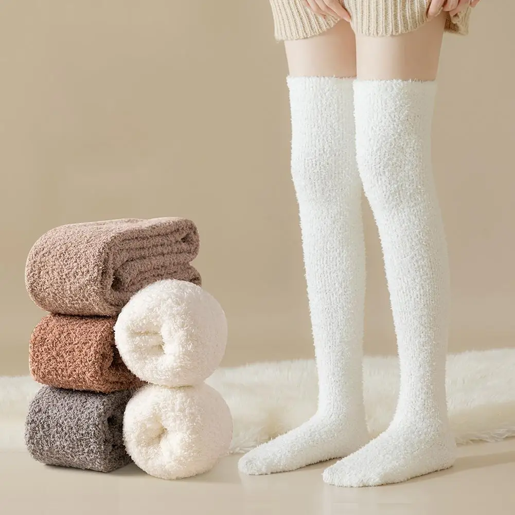 Women's Socks Coral Fleece Over Knee Stockings Winter Solid Thicken Warm Thigh Long Socks Plush Thermal Home Floor Sleep Socks