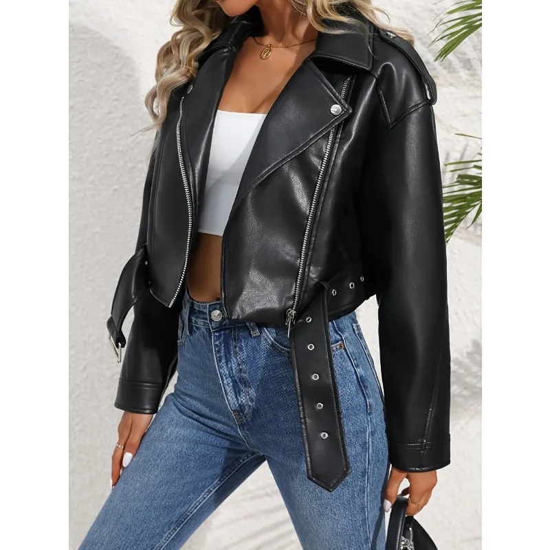 Outono inverno topo feminino jaqueta de couro do plutônio casual senhora lapela zíper na moda roupas da motocicleta leve casaco clássico (sem bolso)