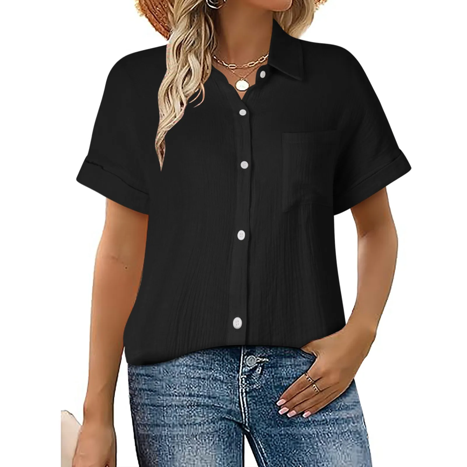 Camisa de manga corta con botones para mujer, blusa de trabajo texturizada, cárdigan elegante, Tops informales OL para verano