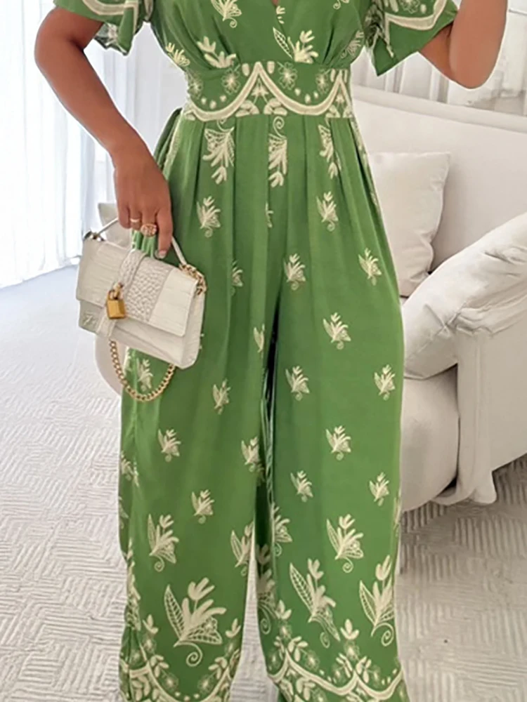 

High Street Pleated Long Pants Romper Bohemian Printed High Waisted Loose Jumpsuit Vintage Women's V Neck Short Sleeved Playsuit