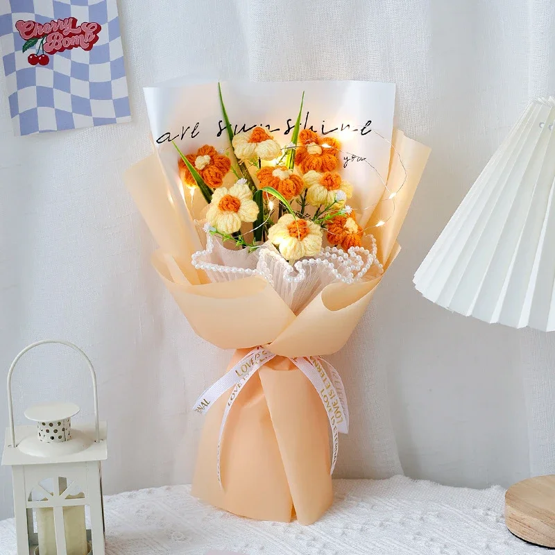 Artificial Flower Crochet Flower Bouquet Hand Woven Knitted Flowers Graduation Birthday Party Mother's Day Handmade Gifts