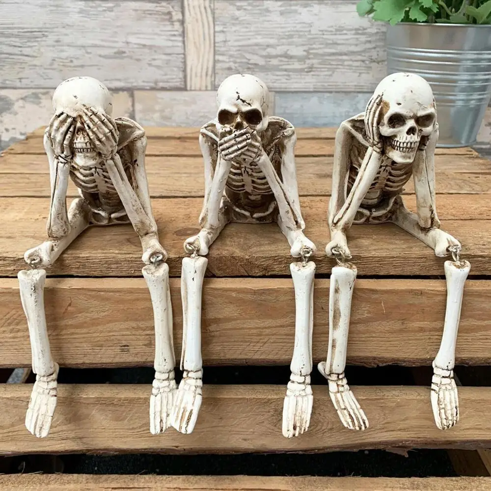 القرود الجمجمة التماثيل الكلاسيكية ثلاثة الحكيمة انظر لا الشر سماع لا الشر التحدث لا الشر هالوين القوطية ديكور الراتنج الهيكل العظمي التماثيل #3