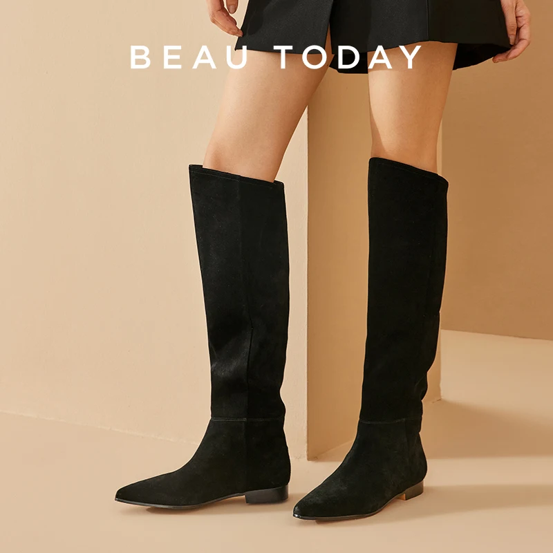 BEAUTODAY Long Boots Women Genuine Suede Leather Sewing Pointed Toe Solid Color Slip-on Ladies Shoes Handmade 01242
