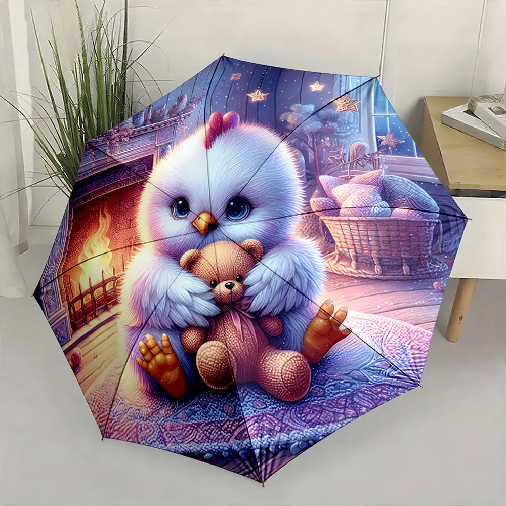 1PC Cozy Chick with Teddy Design Umbrella for Indoor Charm Print 8 Iron Ribs Folding Umbrella Auto-Open Fashion Sunshade