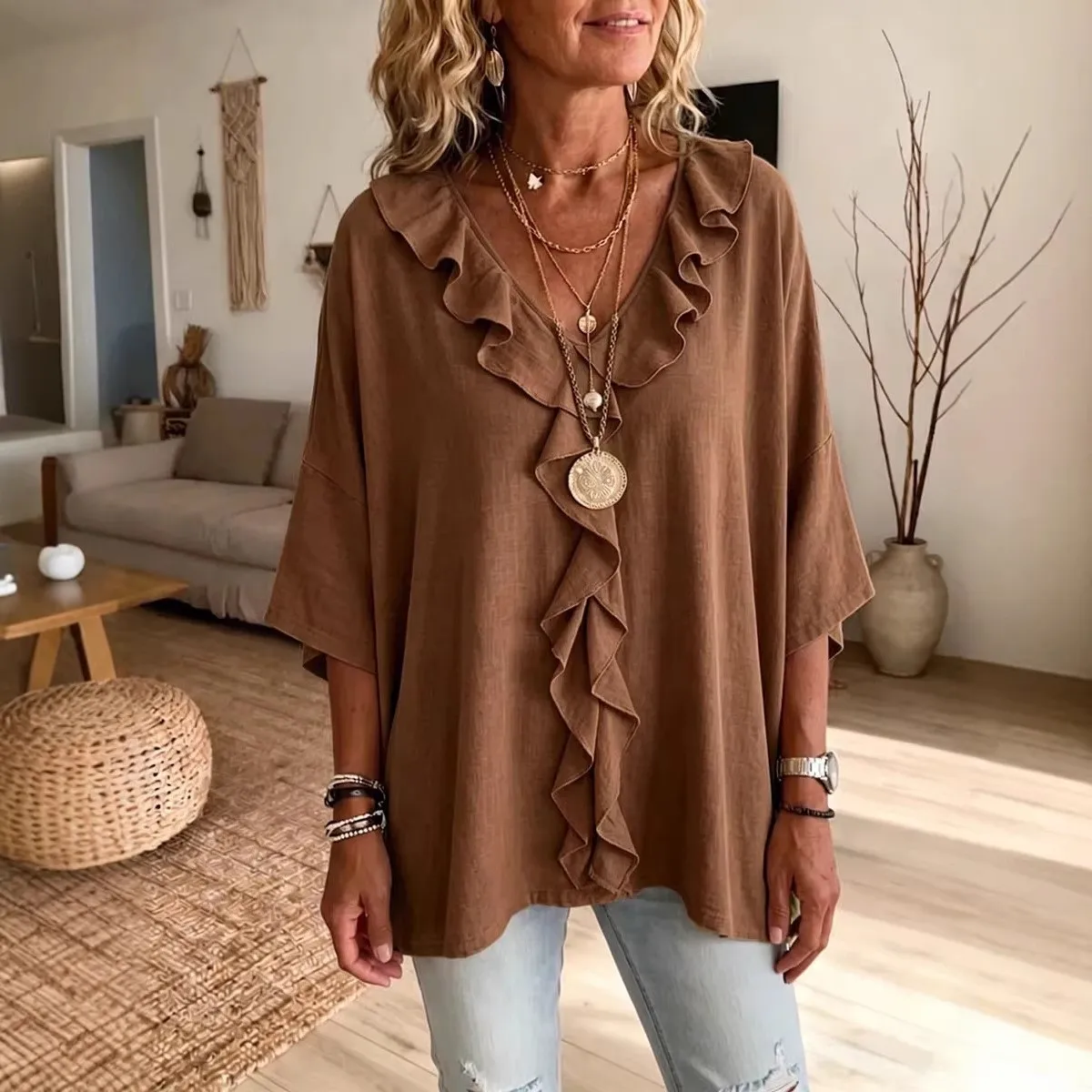 Spring/Summer New Women's Ruffle V-Neck Casual Three-Quarter Sleeve Top