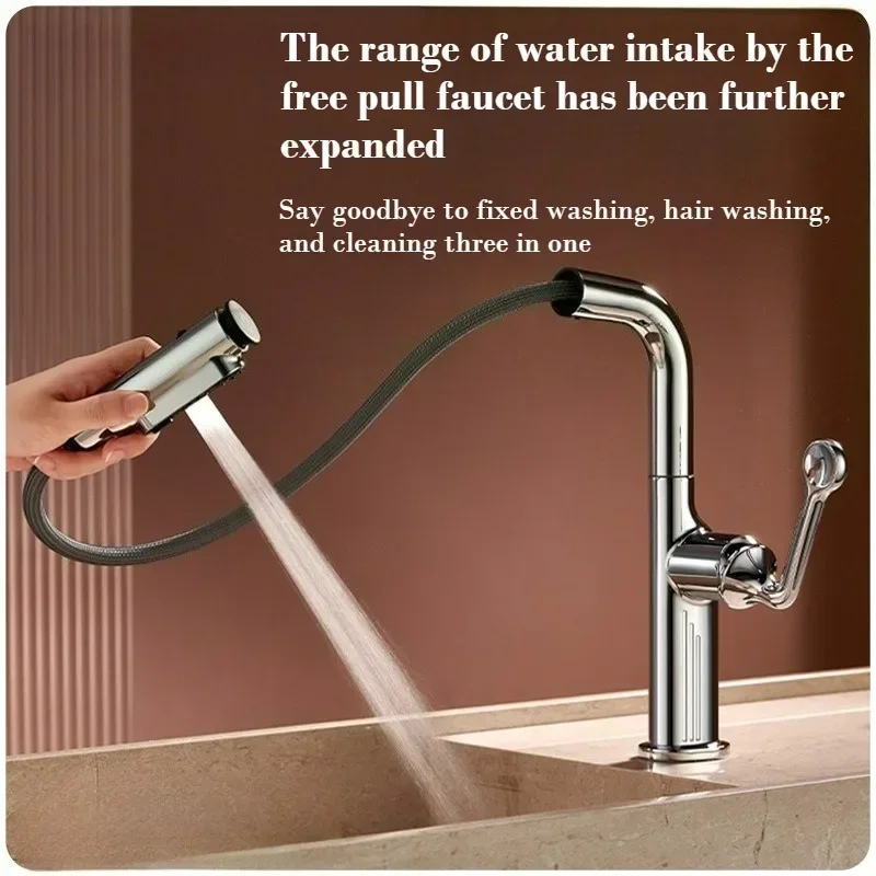 Brass Pull out Kitchen Sink Faucet Adjustable Height Hot Cold Water Upgradable to Third Gear Switching Mode