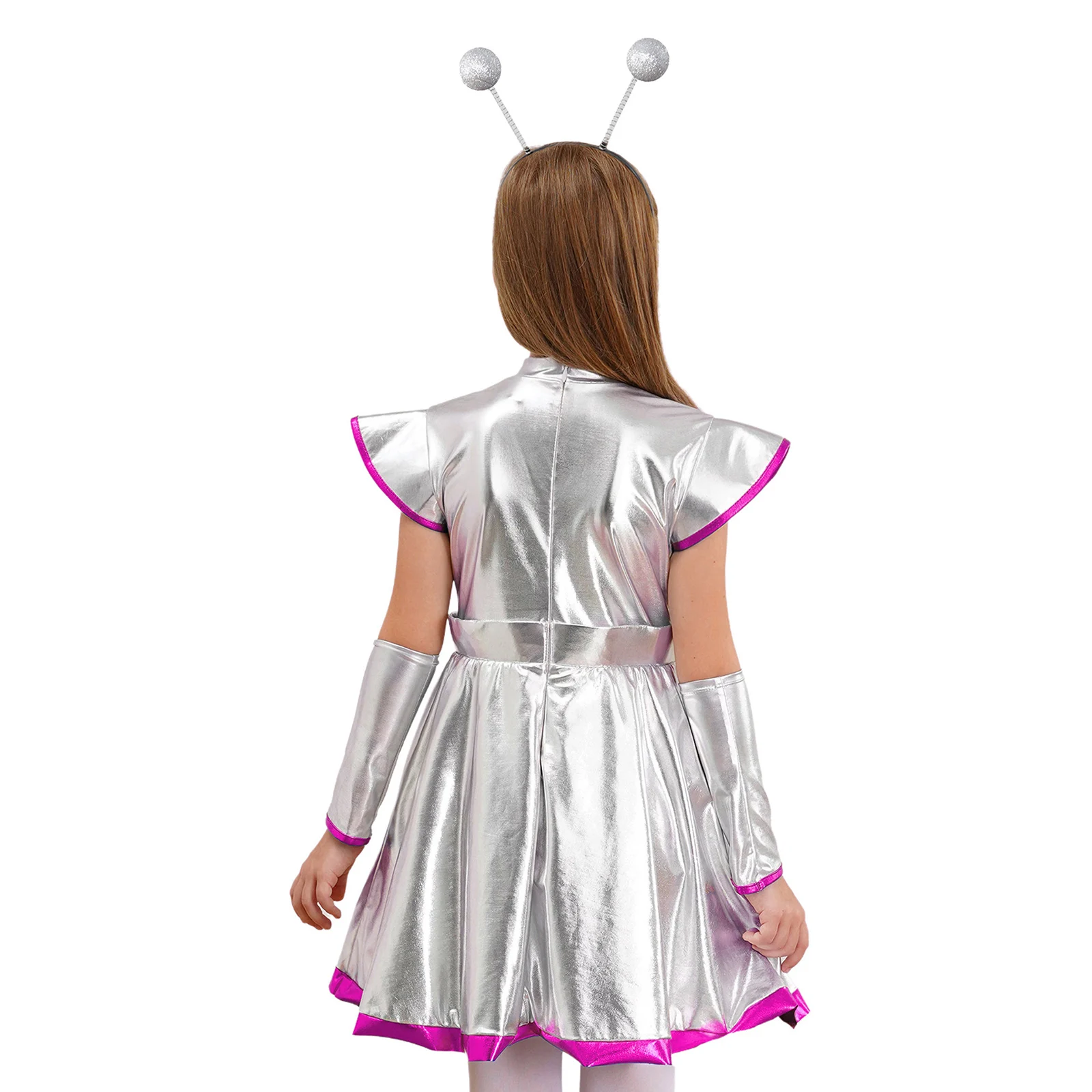 Girls Alien Costume Kids Outer Space Man Robot Alien Metallic Shiny Dress with Arm Sleeve Hair Hoop Halloween Theme Party Outfit