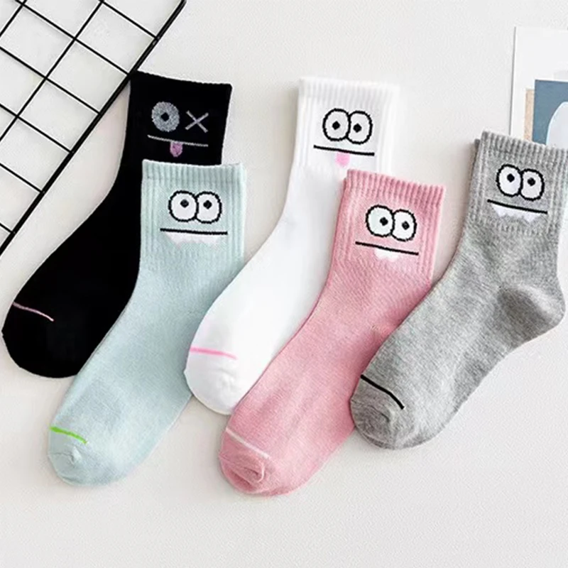 5 Pairs Cute Expression Print Socks, Comfy & Funny All-match Mid Tube Socks, Women\'s Stockings & Hosiery