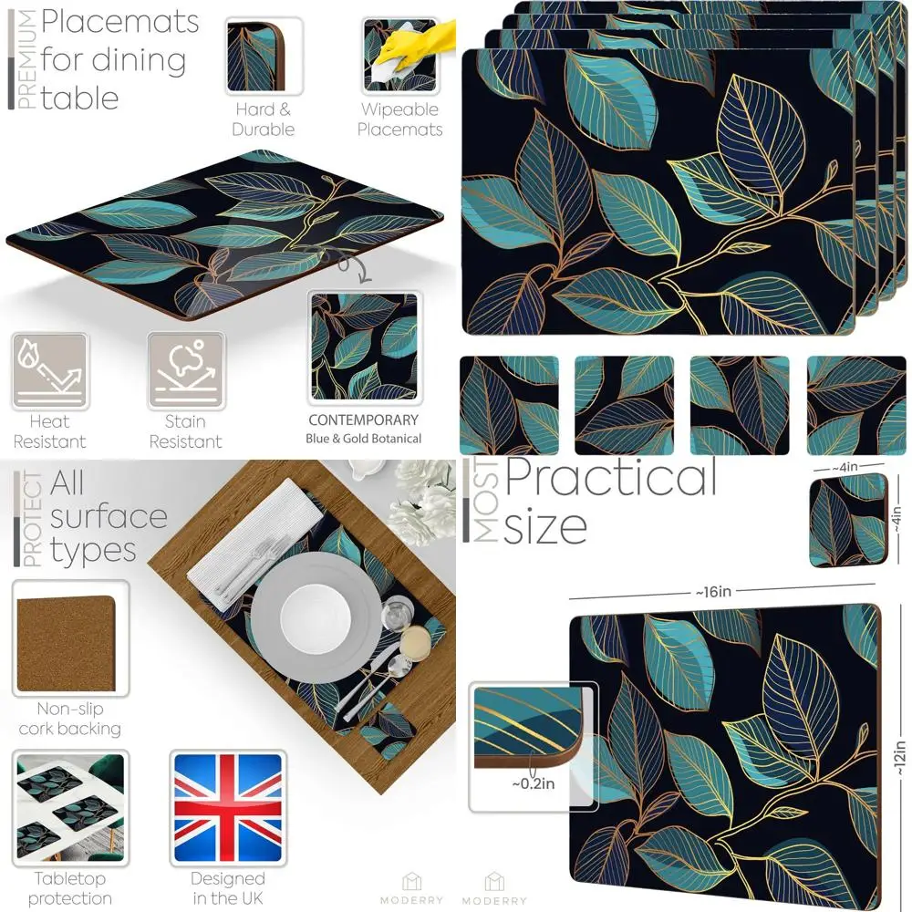 

4 термостойких пробковых подставки под тарелки с подходящими подставками под кружки, мраморный дизайн цвета шалфейной зелени, 16x12 дюймов