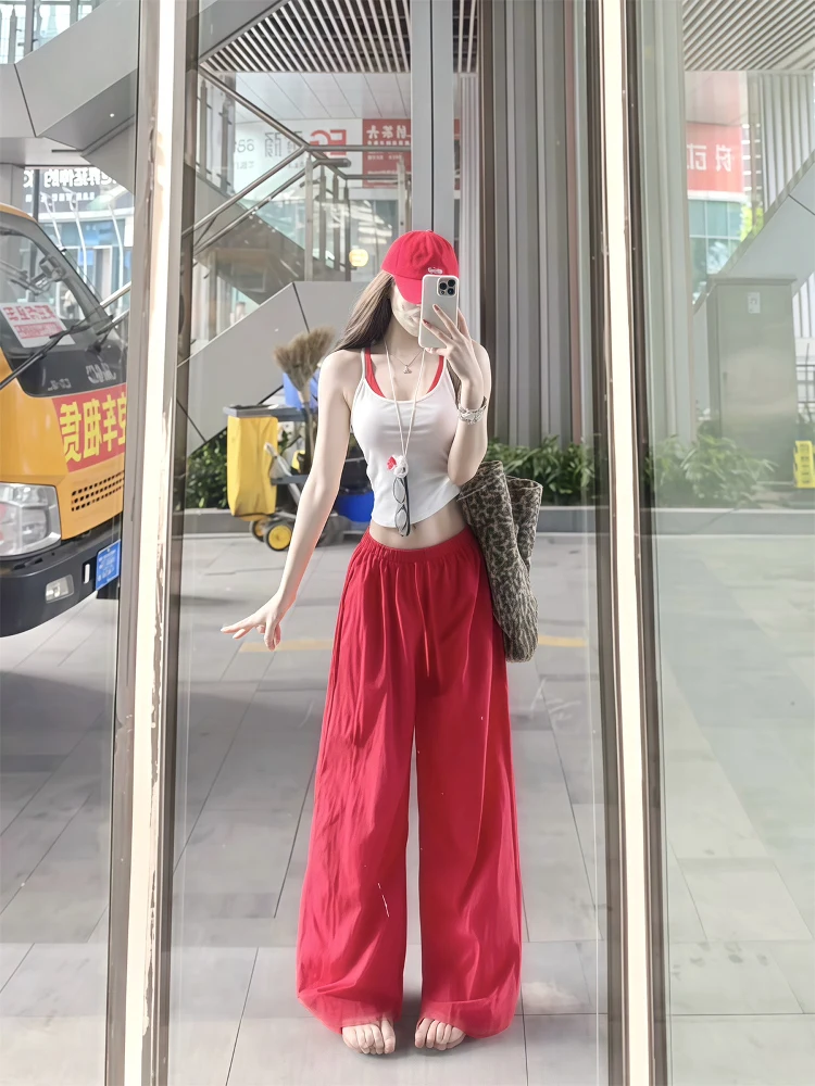 

Красные широкие брюки женские летние в американском ретро-стиле, свободные, спортивные, повседневные, для работы, для джазовых танцев, с высокой талией, прямого кроя