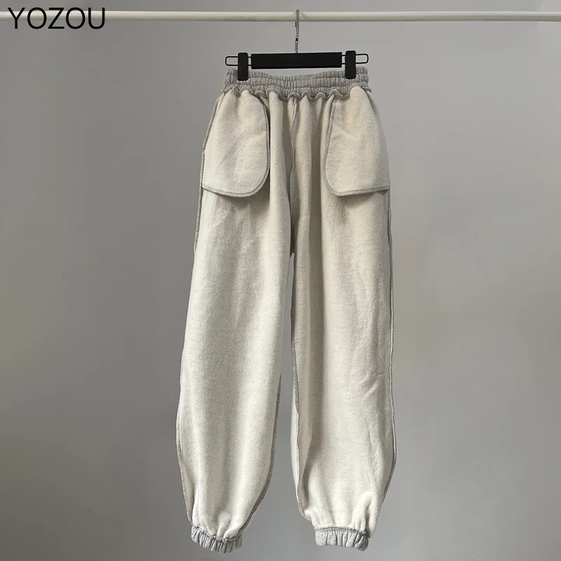 YOZOU Winter Thick Fleece Sweatpants Women Solid Sport Wide Black White Gray Warm Pants Trousers Bottoms Joggers Streetwear