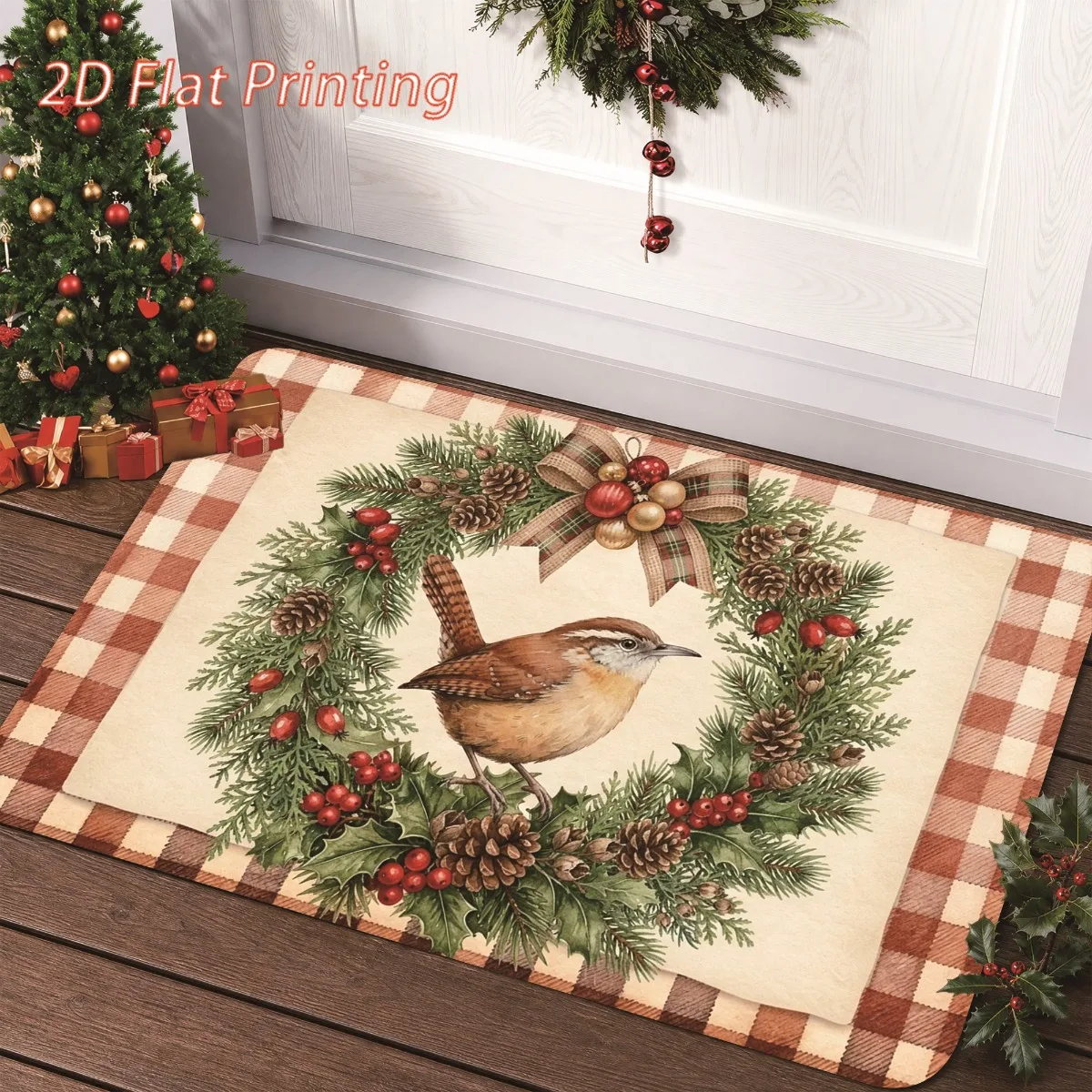 1pc Christmas‑Wreath‑Bird‑Fruit‑Pinecone‑Plaid‑Border‑Print Area Rug, 2D Flat Print, Soft Flannel Floor Mat for Shower, Bathtub
