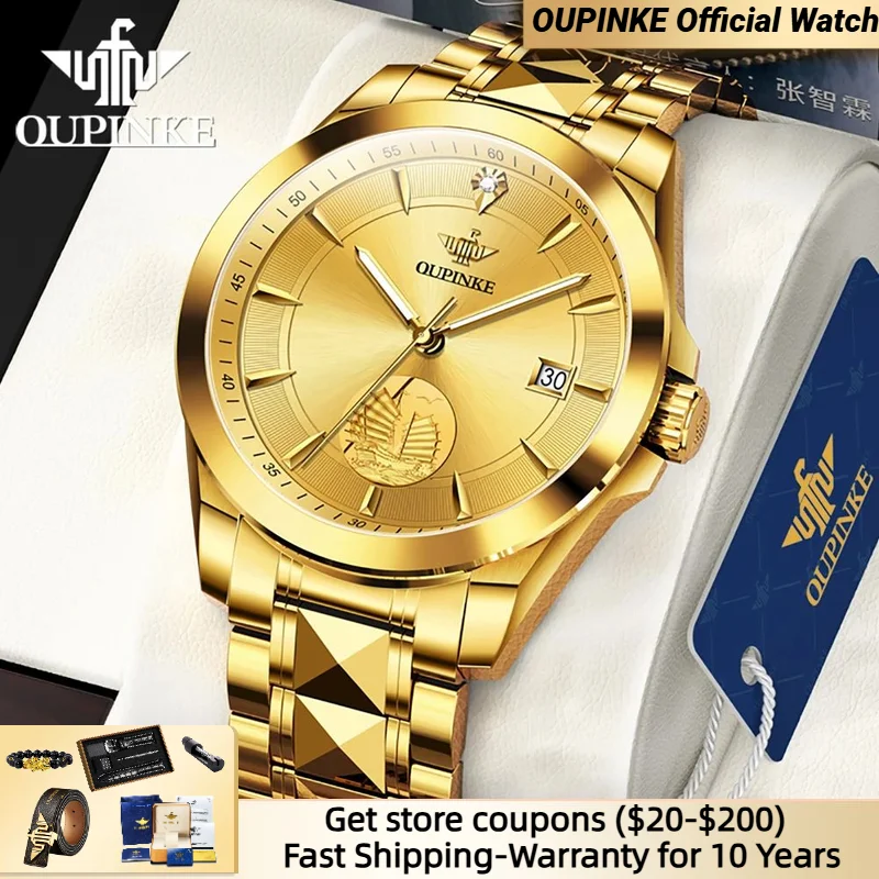 OUPINKE Original Luxury Automatic Watch for Men Luminous Waterproof Sapphire Gold Wristwatches Diving Watch Mechanical Watch