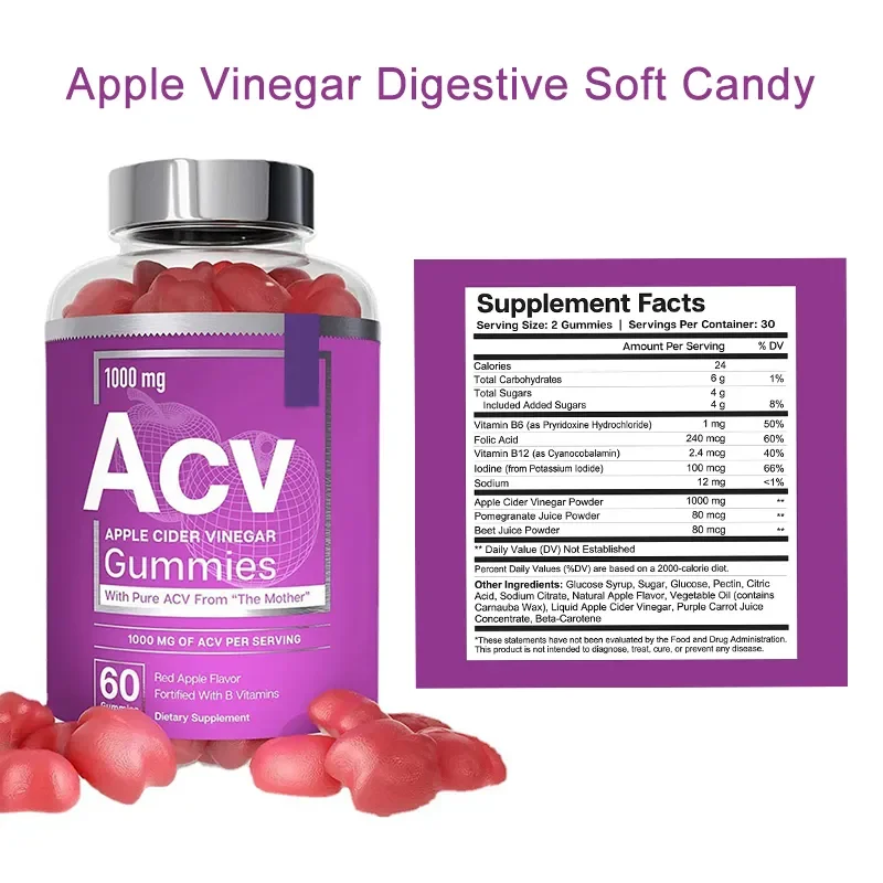 

1 Bottle 60 Pills Apple Vinegar Soft Candy Digestion Soft Candy ACV Vitamin B6 B12 Increase Energy Levels