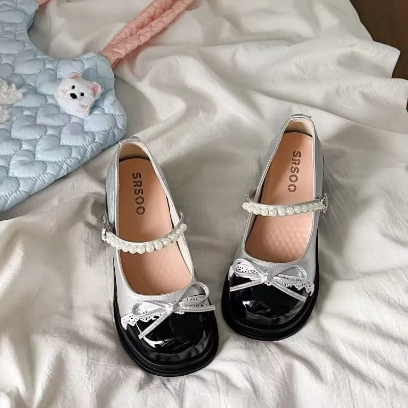 Elegant Mary Jane Flats Pearl Accent French Bow Design Women Low Heel Dress Shoes Summer 2026