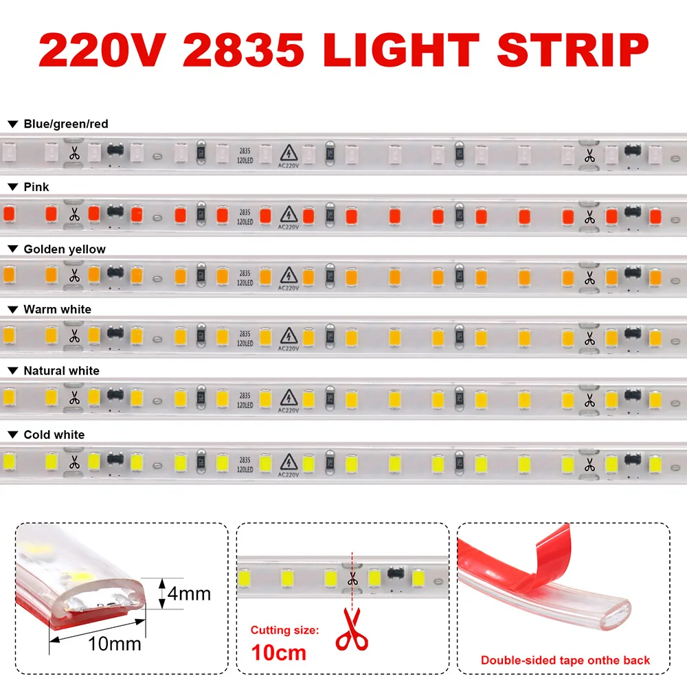 220V 2835 LED Strip Light Switch Power Kit 120LED/m AC 220 V Volt High Brightness Lighting Diode Tape Lamp Flexible Waterproof