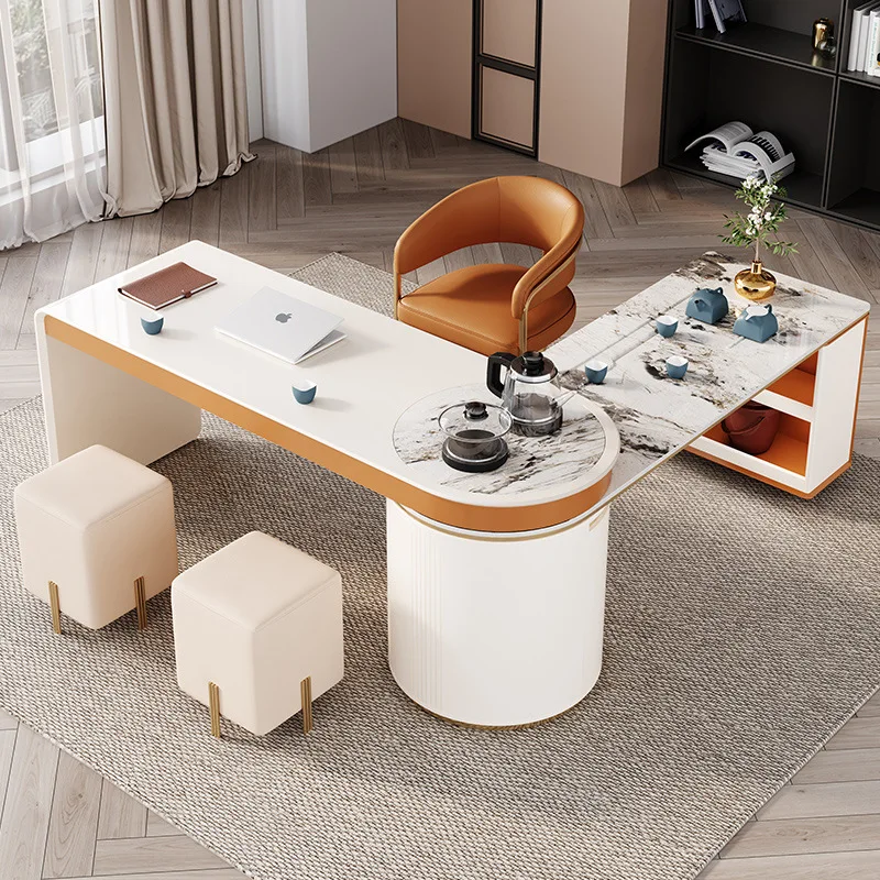 

Luxury modern rock plate tea table, desk, tea table, integrated mobile tea table and chair, president's office, boss's table