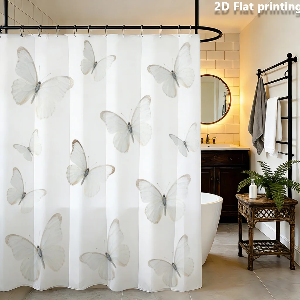 Shower Curtain 2D Flat Print Pure White Background Translucent White Butterflies Gray Brown Edges Veins Multiple Poses