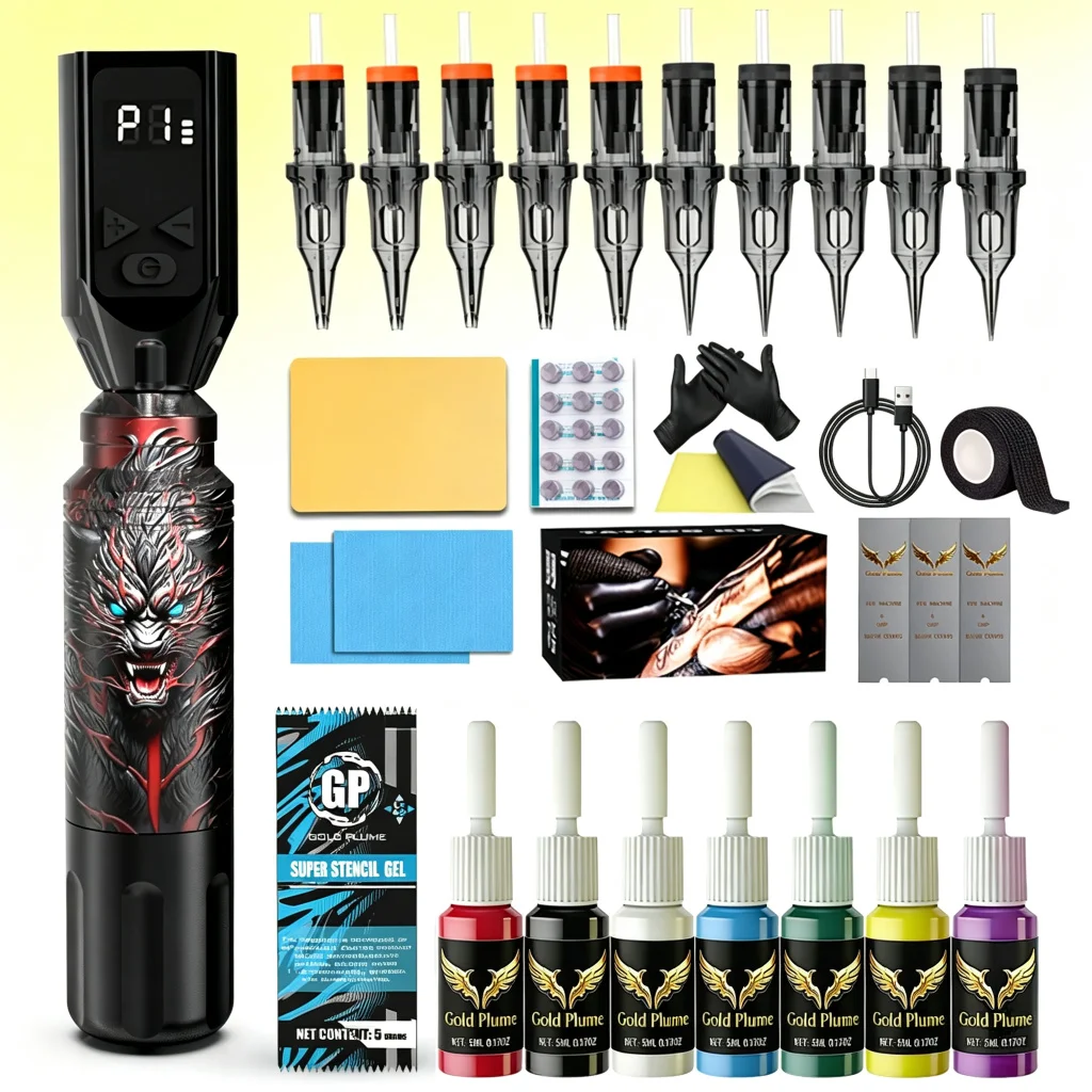 Wireless Rotary Tattoo Pen Machine Kit 1100Mah Integrated Power All in One Complete Tattoo Supplies Mixed Cartridge Needles Multicolor Tattoo Ink Practical Tattoo Tool Set for Beginners Professional Tattoo Practitioners