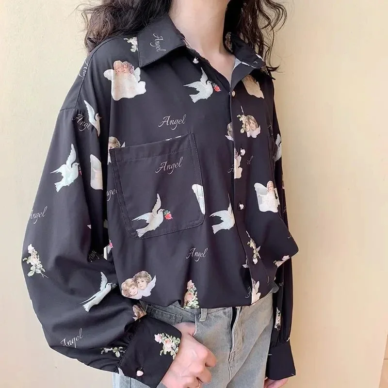 White Black Cartoon Angel Print Turn-Collared Button Up Long Sleeve Shirt Women Ladies Casual Cute Fall Blouse Harajuku Blusas