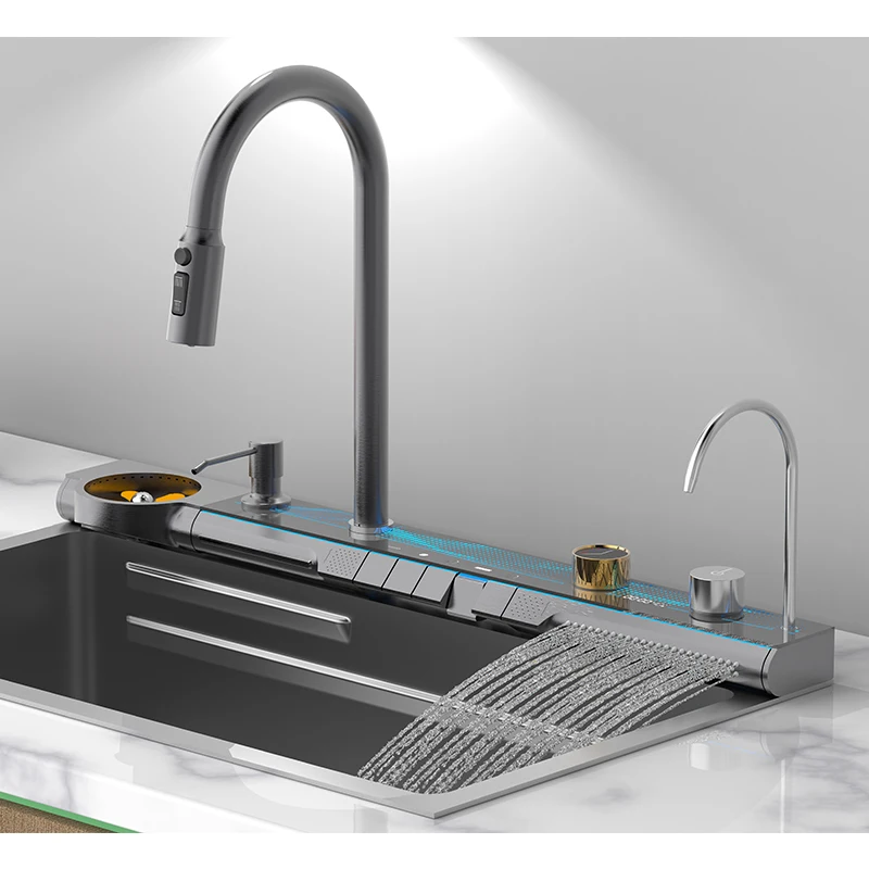 OEM ODM Rectangular Stainless Steel Handmade Smart Waterfall Multifunction Kitchen Sink Delux