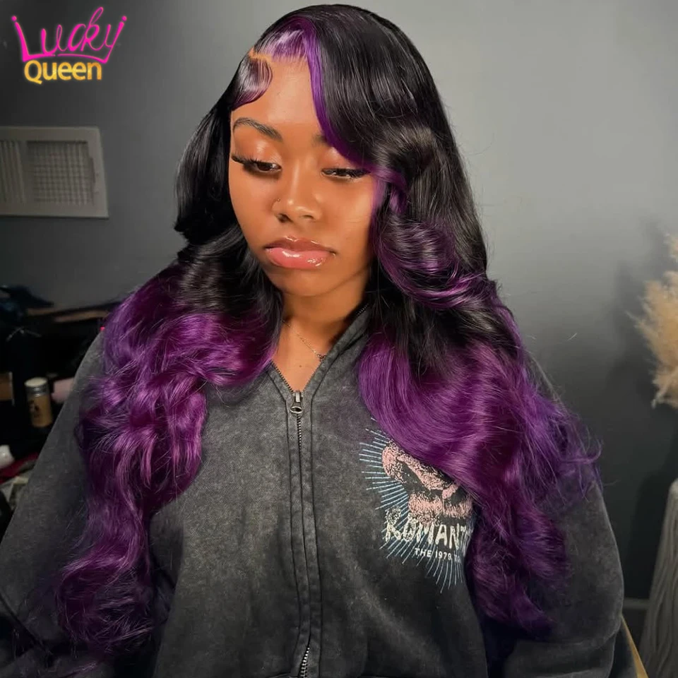 

Ombre Dark Purple Black Lace Frontal 180 Density 5X5 13X6 Pre Plucked Human Hair Wigs Transparent Closure For Women Body Wave
