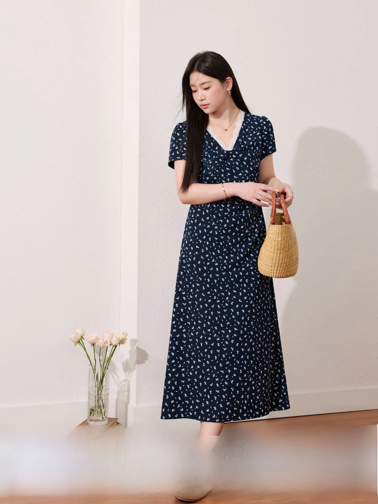 

Blue Language Large Size Women's Dr Ele Lace Splicing V-ne Tea Break Long Floral Skirt Slimming A-line Summer Dr