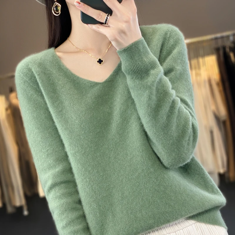 Women 100% Merino Wool Sweater V-Neck Basic Pullover Autumn Winter Cashmere Clothing Long Sleeve Soft Knitwear Tops Solid Color