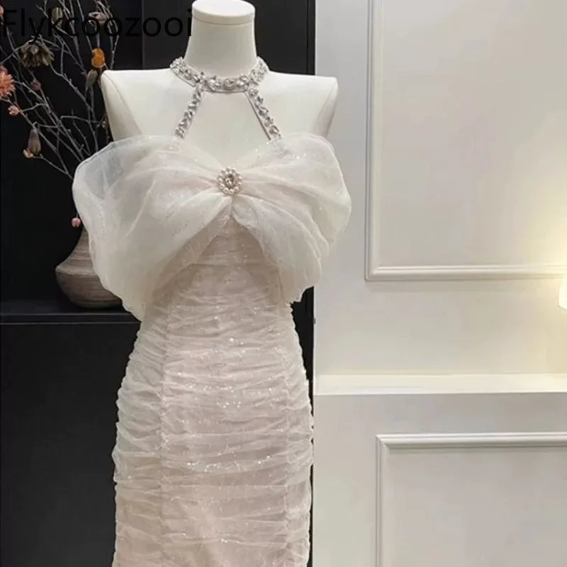 

Celebrity Luxury Sequined Beading Hanging Neck Camisole Dress Women Slash Neck Off-shoulder Tight Wrap Hip Party Mini Dress