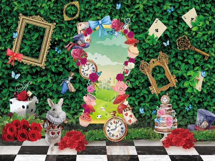 Alice in Wonderland Backdrop Tea Party Green Leaves Checkerboard Rabbit Wonderland Photography Background Little Princess Props