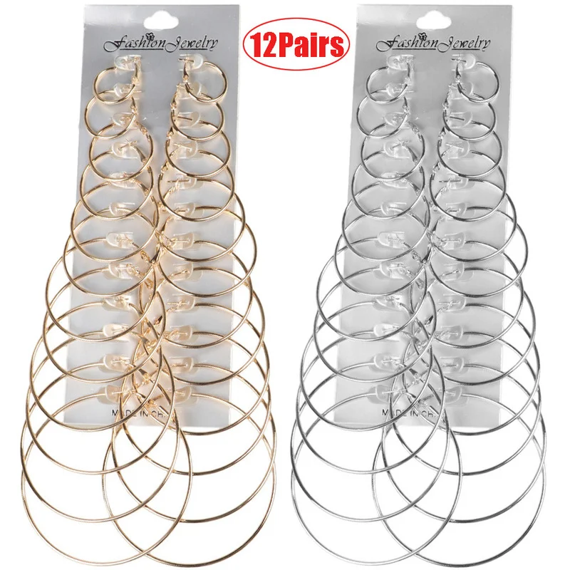 12Pairs/6Pairs/1Pair Simple Punk Hoop Earrings Set Big Circle  Jewelry for Women Girls Ear Hoops Earring Round Oversized