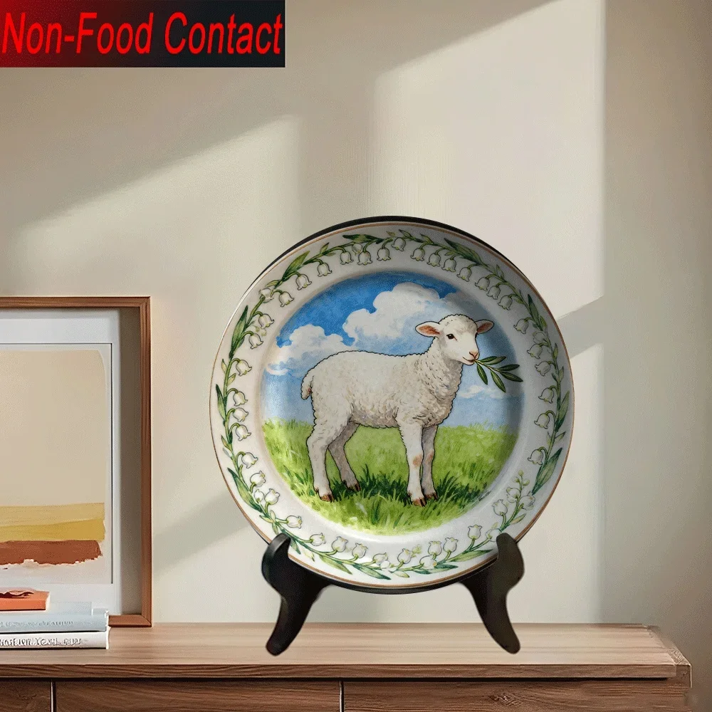 2D Flat, 1pc Ceramic Decorative Plate - Non-Food Contact, Pastoral Sheep & Lily of the Valley Border Design with Blue Sky &