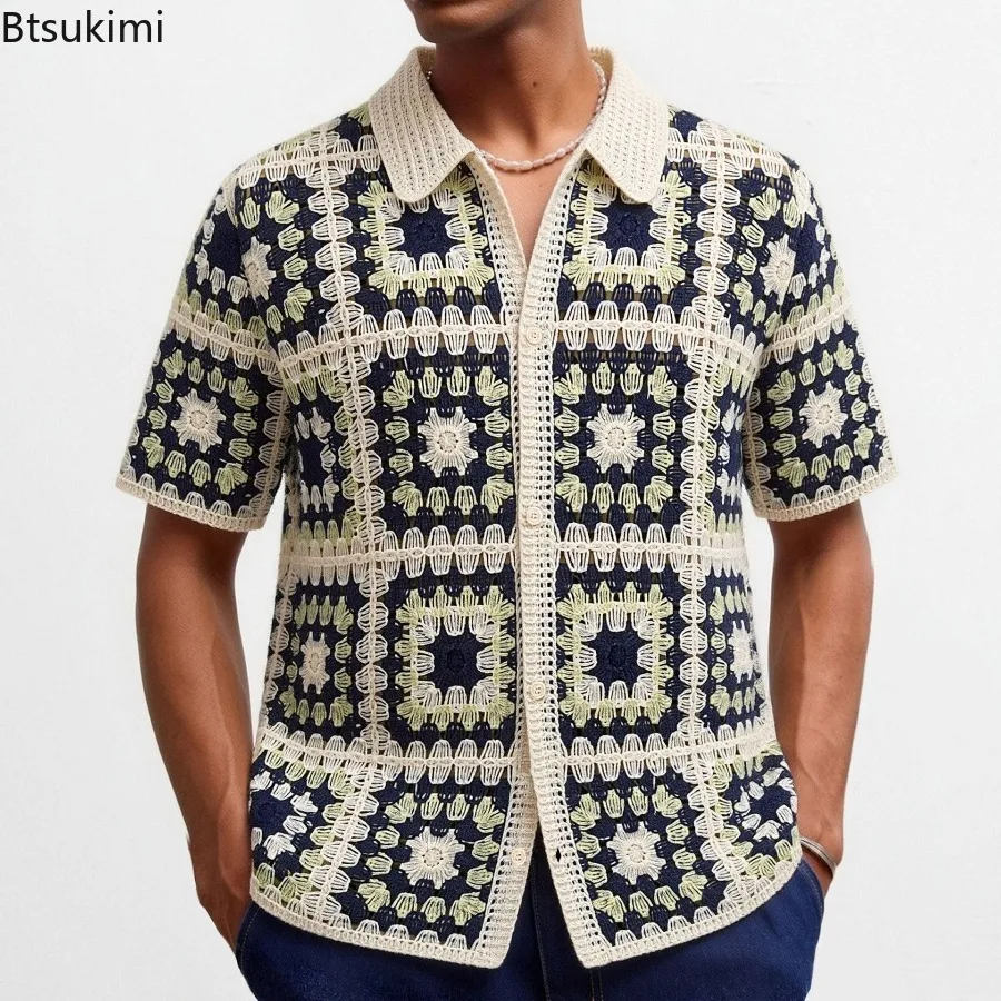 Retro Ethnic Style Men's Summer Crochet Shirt Street Fashionable Hollow Knitted Polo Shirt High-quality Jacquard Cardigan Top