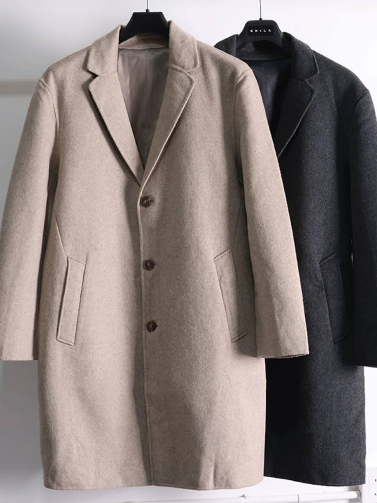 

Thiened Double-Faced Woolen Men's Coat Spring Autumn Turn-down Collar Long Sve Faionable Urban Sle Stand Fit