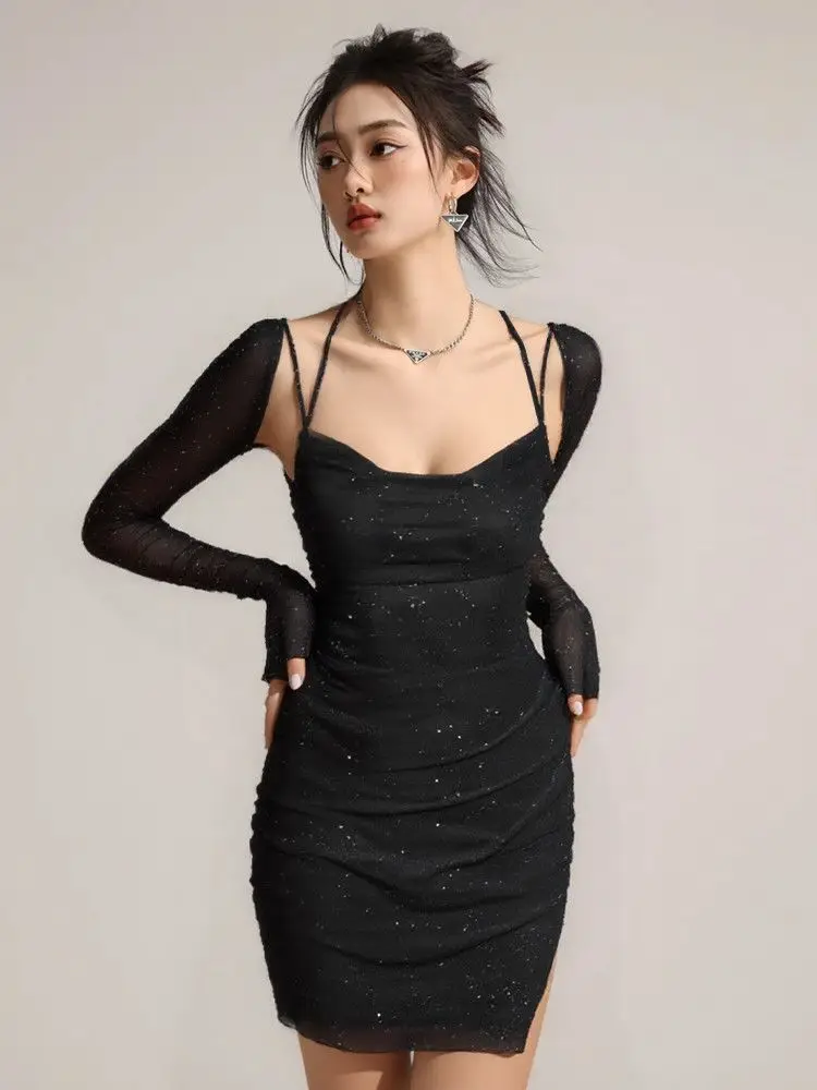 

Женское весенне-летнее новое однотонное мини-платье с длинными рукавами и блестками, сексуальное сетчатое платье с открытой спиной и рюшами, вечернее мини-платье