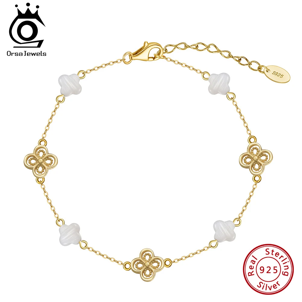 ORSA JEWELS 925 Sterling Silver Four-Leaf Clover White Shell Bracelet O-Chain Symbol Of Riches & Healthy Jewelry Present GMB67