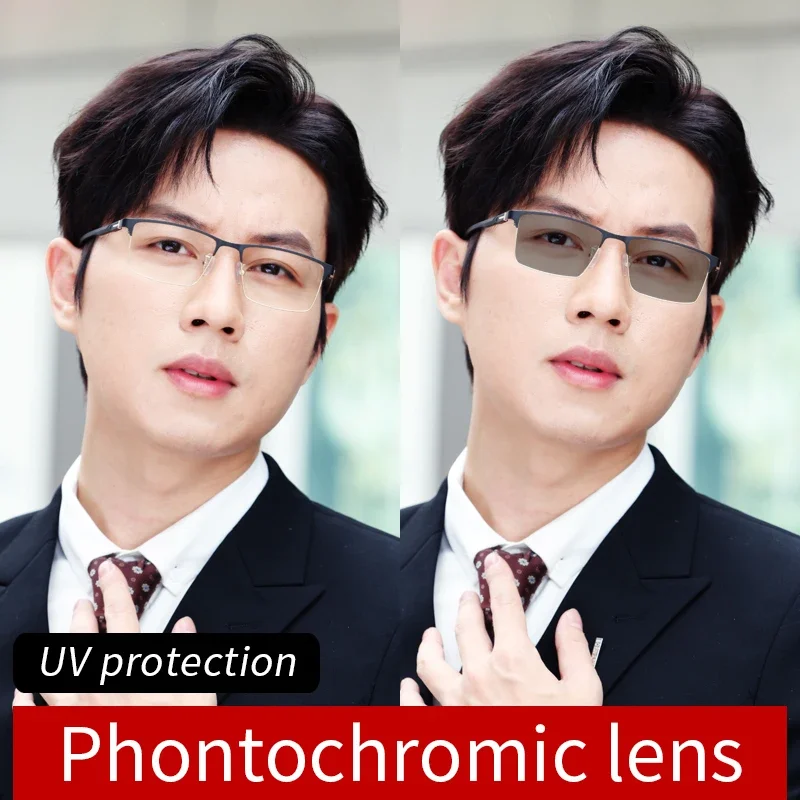 Photochromic Reading Sunglasses for Men, Ultralight Titanium Eyeglasses Frame, Presbyopia Eyeglasses,Square Glasses