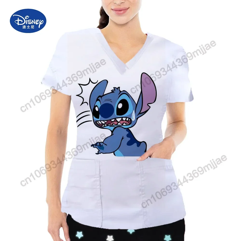 New Disney cartoon pattern V-neck double pocket design style summer 2024 casual and comfortable tops fashion nurse uniform