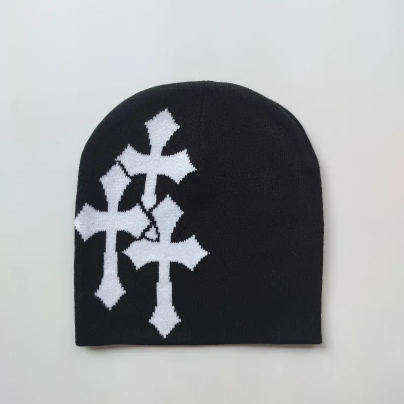 帽子 Beanie Knit Cap with Cross Patches Y2K Knitted Crucifix Jacquard Beanies Women Men Popular Hip Hop